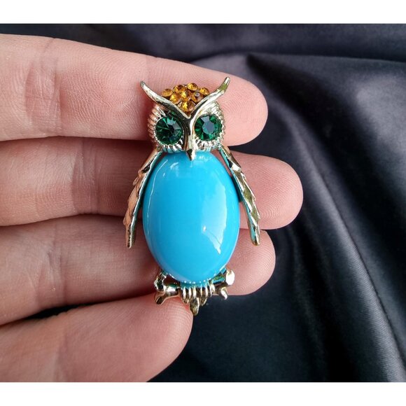 Vintage Blue Cabochon Green Eyes Citrine Rhinestones Gold Toned Owl Animal Brooc - Picture 5 of 6